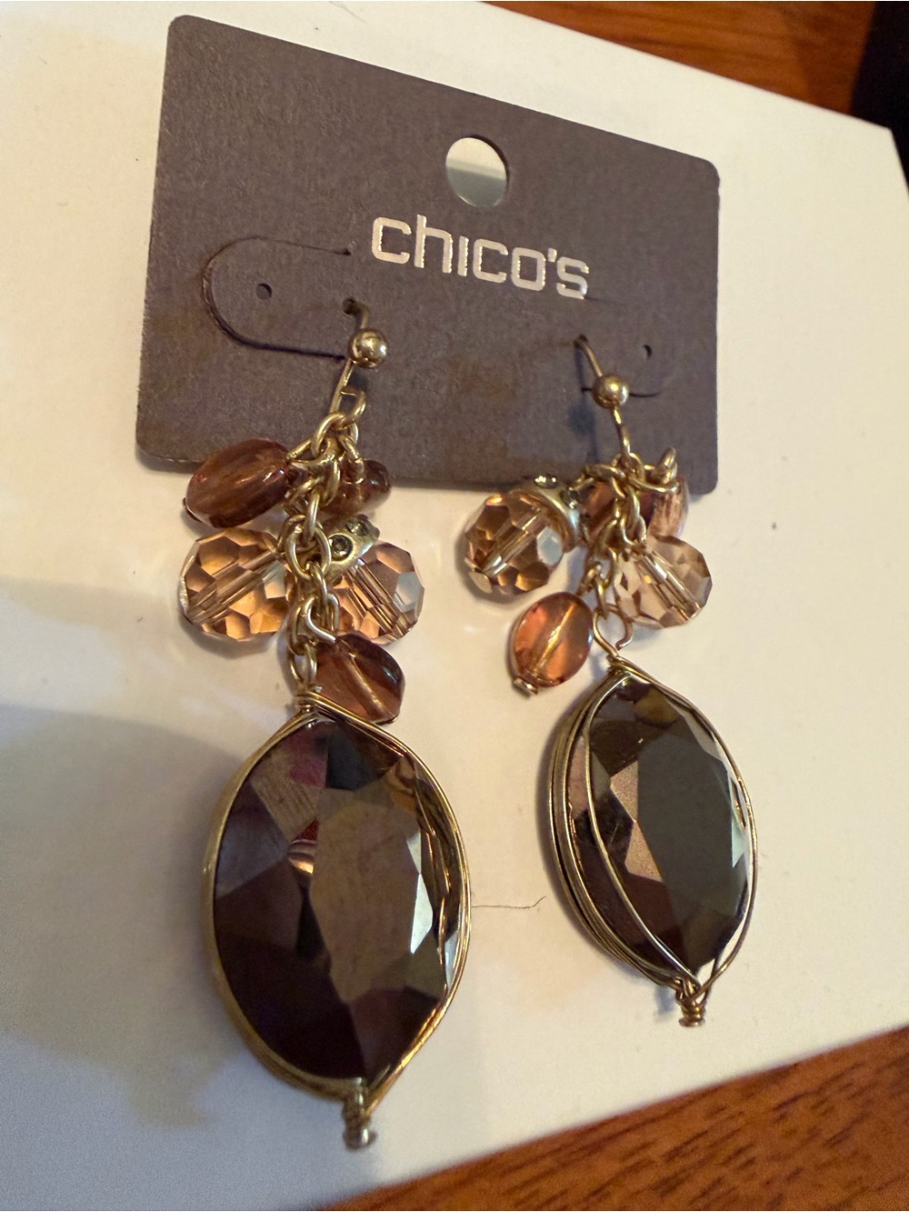 Chico's Gold-Tone Brown Faceted Dangle Earrings with Amber Accents